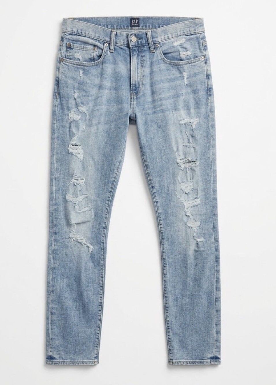 GAP men's Light Wash Distressed Skinny Jeans Mid-Rise Blue Denim Stretch 32x32
